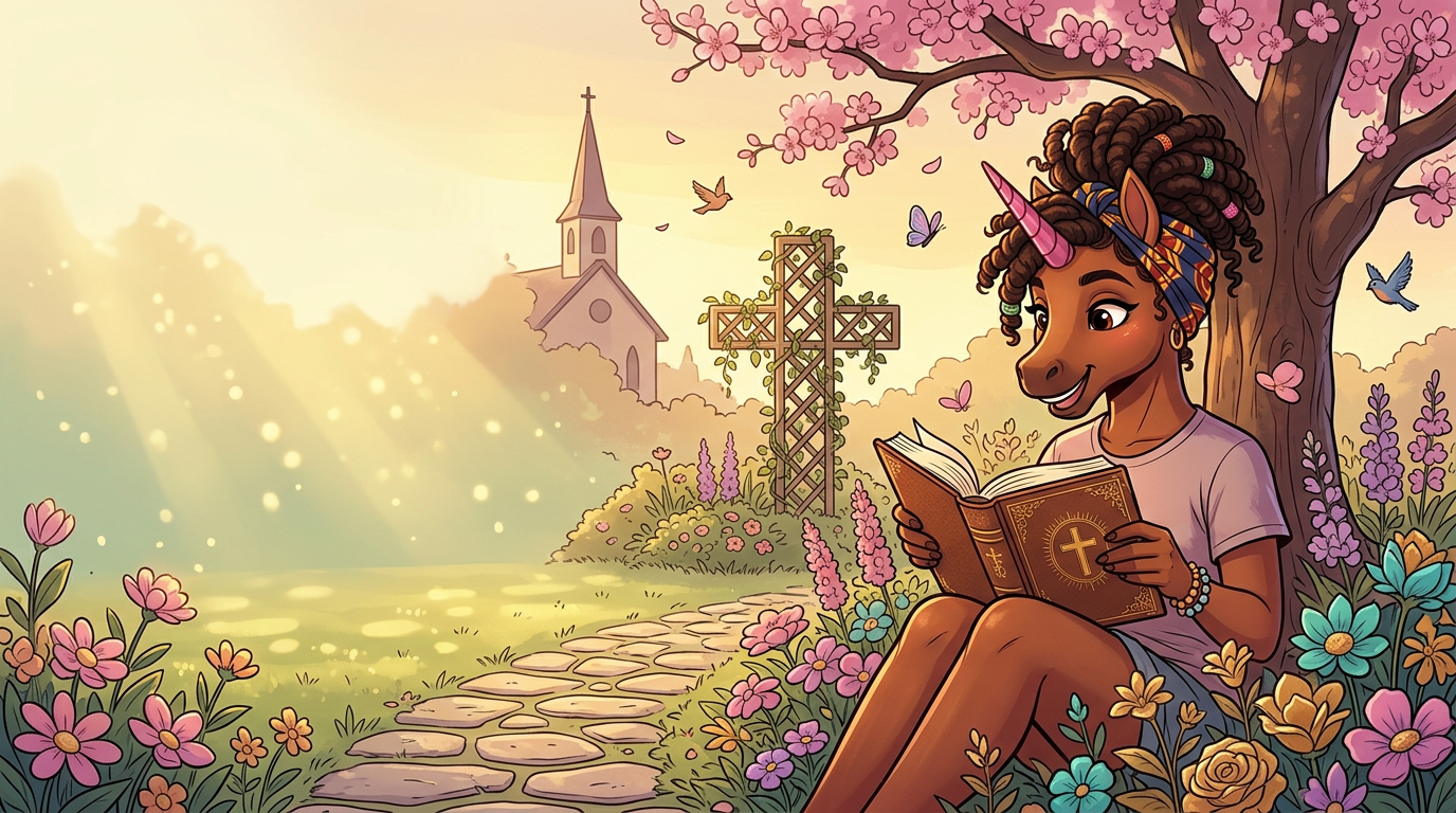 UnicornBAE reading in a bright flower garden near a church